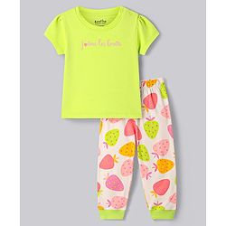 Bonfino Cotton Knit Half Sleeves Tropical Print Night Suit Set - Neon Green