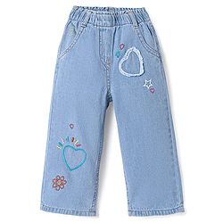 Bonfino 100% Cotton Wild Leg Full Length Denim Jeans With Heart Embroidery -Blue