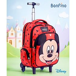 Bonfino Disney Mickey Mouse Printed School Backpack|2 Main Compartments, 1 Front Pocket & 1 Side Pocket, 1 side Bottle Pocket|Water Resistant|Long lasting and Durable Zippers | Comfortable back cushioning | For School, Travel and Outdoors|Red- 15 inc