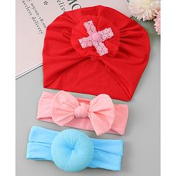 Bonfino Free Size Headbands Bow Applique Pack of 3 - Red Peach & Blue