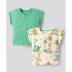 Bonfino Cotton Knit  Half Sleeves Henley Neck T-Shirts With Animal Pack Of 2- Green, Off White