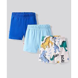 Bonfino 100% Cotton Knit Above Knee Length Shorts With Solid Colour & Dino Print Pack of 3 - Blue & Off White
