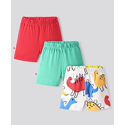 Bonfino 100% Cotton Knit Above Knee Length Shorts With Solid Colour & Dino Print Pack of 3 - Red Green & White