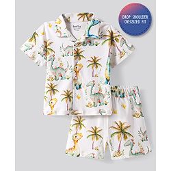 Bonfino 100% Cotton Knit Half Drop Shoulder  Sleeves Oversized Shirt & Shorts Set with Jungle Theme Print - Off White