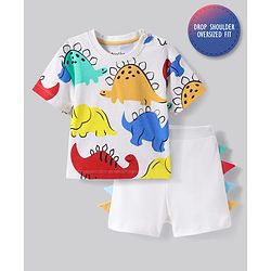 Bonfino 100% Cotton Knit Half Drop Shoulder Sleeves Oversized T-Shirt & Shorts Set with Dino Print & Applique - White