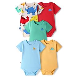 Bonfino 100% Cotton Knit Half Sleeves Onesies with Dino Print Pack Of 5 - Multicolor