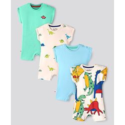 Bonfino Cotton Knit Half Sleeves Rompers with Dino Print Pack Of 4 - Light Green Peach & Light Blue