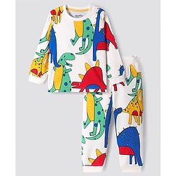 Bonfino 100% Cotton Knit Full Sleeves Night Suit With Dino Print - White