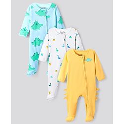 Bonfino 100% Cotton Knit Full Sleeves Footed Sleep Suit With Dino Print & Applique Pack Of 3 - Yellow Light Blue & White