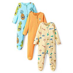 Bonfino 100% Cotton Knit Full Sleeves Footed Sleep Suits With Tropical Theme Print Pack of 3 - Yellow Peach & Blue