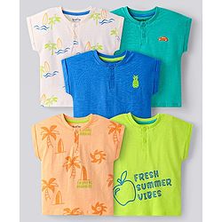 Bonfino 100% Cotton Knit Half Sleeves Henley T-Shirts with Beach Theme Print Pack Of 5 - Multicolor
