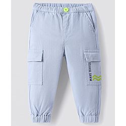 Bonfino 100% Cotton Woven Full Length Solid Joggers With Text Print & Cargo Pockets - Light Blue