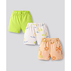 Bonfino 100% Cotton Knit Above Knee Length Shorts With Beach Theme Print Pack of 3 - White Neon Green & Peach