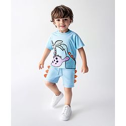 Bonfino Cotton Knit Oversized Drop Shoulder Sleeves T-Shirt & Shorts Set With Dino Print & Scales Applique - Light Blue