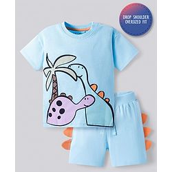 Bonfino Cotton Knit Oversized Drop Shoulder Sleeves T-Shirt & Shorts Set With Dino Print & Scales Applique - Light Blue