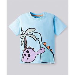 Bonfino Cotton Knit Oversized Drop Shoulder Sleeves T-Shirt & Shorts Set With Dino Print & Scales Applique - Light Blue