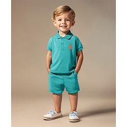 Bonfino Cotton Knit Half Sleeves Polo T-Shirt With Pineapple Print & Shorts Set - Turquoise