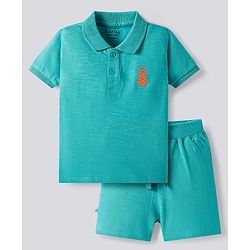 Bonfino Cotton Knit Half Sleeves Polo T-Shirt With Pineapple Print & Shorts Set - Turquoise