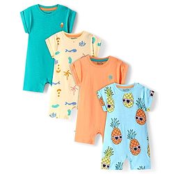 Bonfino 100% Cotton Knit Half Sleeves Rompers with Tropical Theme Print Pack of 4 - Multicolor