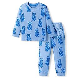Bonfino Cotton Knit Full Sleeves Night Suit with Pineapple Print - Blue