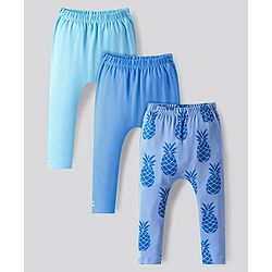 Bonfino 100% Cotton Knit Full Length Pineapple Printed Diaper Leggins Pack Of 3 - Blue