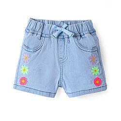 Bonfino Cotton Woven Knee Length Shorts with Floral Embroidery - Light Blue