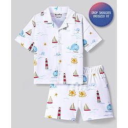 Bonfino 100% Cotton Knit Half Sleeves Shirt & Shorts Set with Nautical Theme Print - White