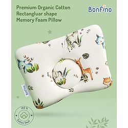 Bonfino Premium Cotton Rectangluar Shape Memory Foam Pillow African Safari Print- Green&White| Prevents Flat-Head Syndrome| Neck& Shoulder Support| Soft Breathable Fabric| Travel Friendly
