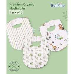 Bonfino Premium Organic Muslin Bibs African Safari Pack of 3 - Green & White| Soft and Hypoallergenic| Easy Snap Closure| Super Absorbent| Drooling, WashCloth, Travel & Burb Cleaning| Machine Washable