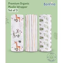 Bonfino Premium Organic Muslin Wrapper African Safari Print Set of 3- Green&White| Soft & Breathable| High Absorbency| Swadle, Blanket, Changing Mat, Nursing Cover| Machine Washable| New Born Gifting