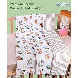 Bonfino Premium Organic Muslin Quilted Blanket African Safari Print - Green & White| Soft & Breathable| All Season Blanket| New Born Gifting| Bath Towel, Wrapper, Feeding Towel| Machine Washable