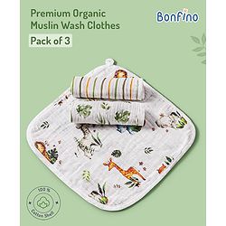 Bonfino Organic Muslin Wash Clothes African Safari Print Set of 3 - Green & White| 100% Cotton Shell| Feeding, Bath Time, Travel & Burb Cleaning| Soft & Breathable| High Absorbency| Machine Washable