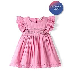 Bonfino 100% Cotton Woven Frill Sleeves Frock with Gauze Crochet Trim - Pink