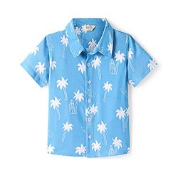Bonfino Rayon Woven Half Sleeves Shirt with Palm Tree Print - Light Blue