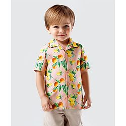 Bonfino Rayon Woven Half Sleeves Lemon Printed Oversized Resort Collar Shirt - Peach