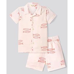 Bonfino Rayon Woven Half Sleeves Oversized Resort Collared Shirt & Short Set with Fish Print - Pink