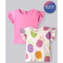 Bonfino 100% Cotton Knit Frill Sleeves Tops with Pineapple Prints Pack of 2 - Pink & Ivory