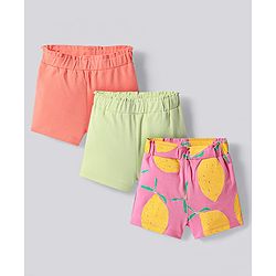Bonfino 100% Cotton Knit Above Knee Length Shorts With Lemon Print Pack Of 3 - Pink Coral & Green