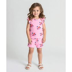 Bonfino 100% Cotton Knit Sleeveless Top & Shorts Set With Sunset Print - Pink
