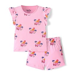 Bonfino 100% Cotton Knit Sleeveless Top & Shorts Set With Sunset Print - Pink