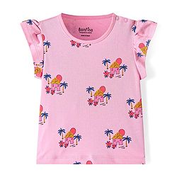Bonfino 100% Cotton Knit Sleeveless Top & Shorts Set With Sunset Print - Pink
