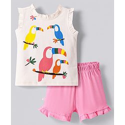 Bonfino Cotton Knit Sleeveless Bird Printed Tank T-Shirt & Shorts Set with Frill Detailing - Ivory