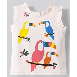 Bonfino Cotton Knit Sleeveless Bird Printed Tank T-Shirt & Shorts Set with Frill Detailing - Ivory