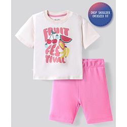 Bonfino 100% Cotton Knit Half Drop Shoulder Sleeves Oversized T-Shirt & Shorts Set with Fruits Print - Ivory & Pink