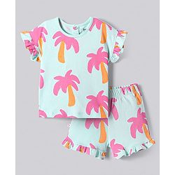 Bonfino 100% Cotton Knit Frill Drop Shoulder Sleeves Top & Shorts Set with Beach Theme Print - Light Blue