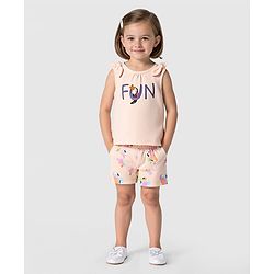 Bonfino Cotton Knit Sleeveless Top & Shorts Set with Birds Print & Bow Applique - Light Pink