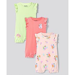 Bonfino 100% Cotton Knit Frill Sleeves Rompers with Birds Print Pack of 3 - Light Green Coral & Peach