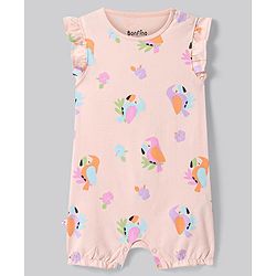Bonfino 100% Cotton Knit Frill Sleeves Rompers with Birds Print Pack of 3 - Light Green Coral & Peach