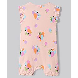 Bonfino 100% Cotton Knit Frill Sleeves Rompers with Birds Print Pack of 3 - Light Green Coral & Peach
