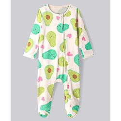 Bonfino 100% Cotton Knit Full Sleeves Footed Sleep Suit With Avocado & Heart Print - White